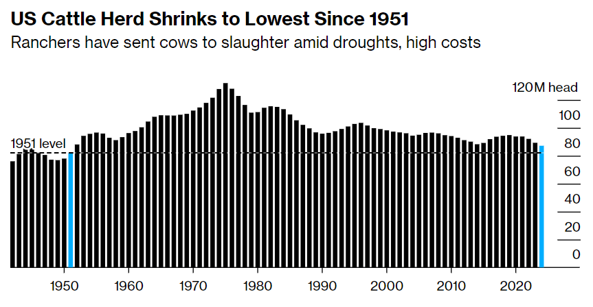 Поголовье крупного рогатого скота в США на минимуме более, чем за 70 лет