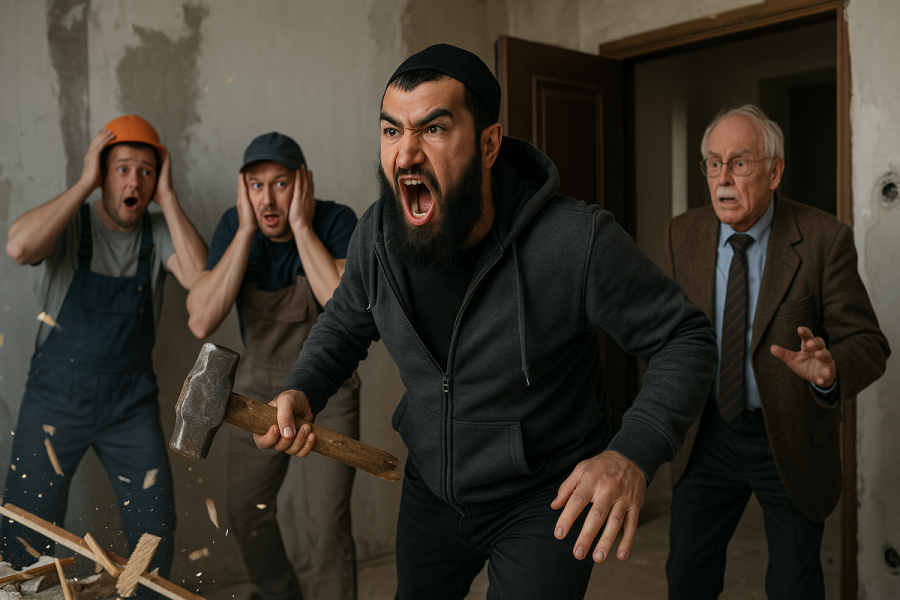 «Вы чё тут устроили — я вас всех зарежу!»: приезжий с кувалдой вломился в квартиру к профессору медицины, избил рабочих и всё разгромил.