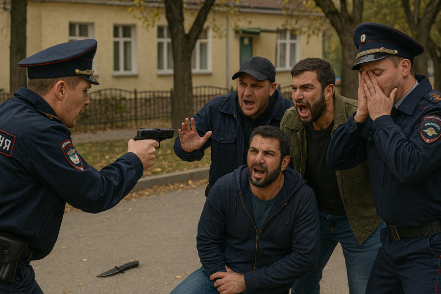 Трое южан напали на полицейских с ножом возле детского сада, но пуля, выпущенная из ПМ, быстро охладила их пыл.