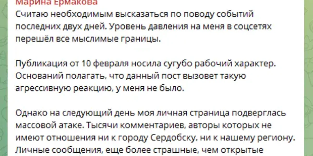 "Личные сообщения страшнее, чем комментарии". Уволившаяся с позором мэр Ермакова грозит судом всем россиянам