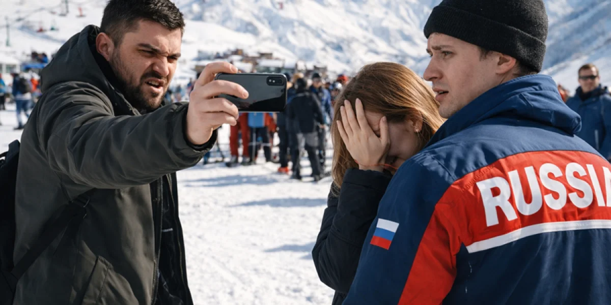 &laquo;Уберите российские флаги!&raquo;: националист с телефоном охотится на русских туристов в Гудаури. Надпись RUSSIA &mdash; официальный повод для травли в Грузии