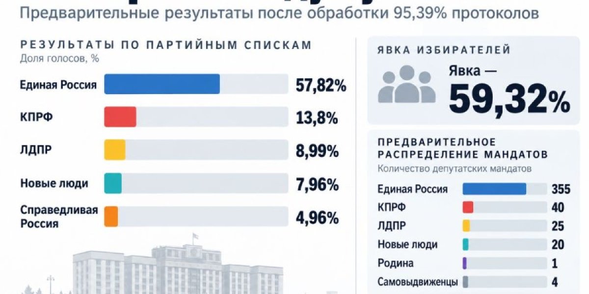 Итоги выборов в Госдуму 2026: у &laquo;Единой России&raquo; 355 мандатов, &laquo;Справедливая Россия&raquo; не проходит, явка 59,32%